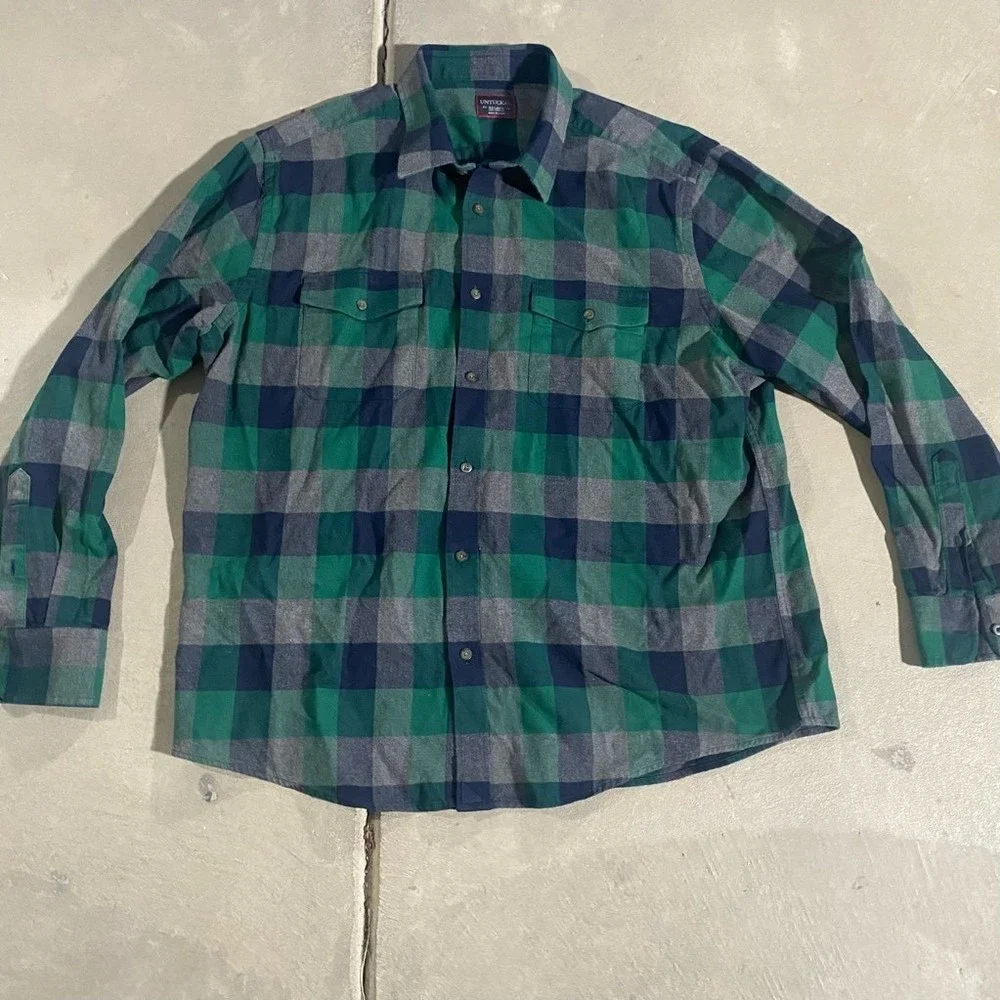 Untuckit Mens Button-Up Shirt Green Blue Plaid Long Sleeve Two Pockets XXL